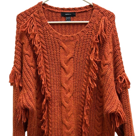 Forever 21 Sweaters - Forever 21 Rust Orange Cable Knit Fringe Sweater